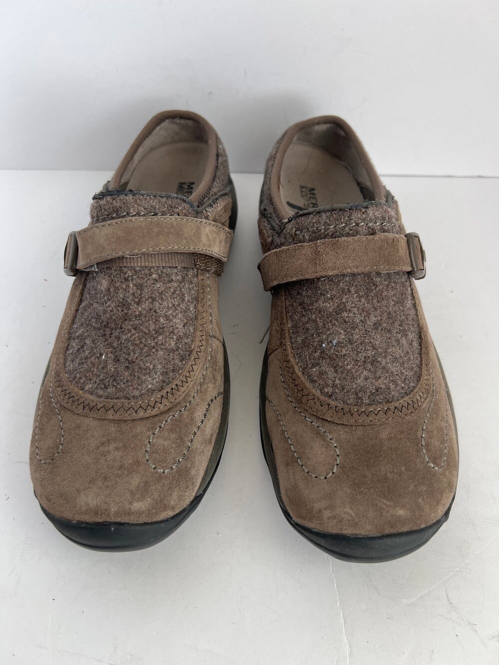 Merrell Women Stone Brown Suede Wool QForm Air Cushion Mocs Clogs Size 9.5